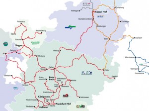 Das Streckennetz der Hessischen Landesbahn mit Strecken auch in den benachbarten Bundesländern. Stand: Dezember 2015. Quelle: HLB